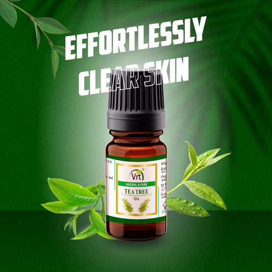 Tea Tree Essential Oil VRT HERBAL bottle with green leaves for clear skin.